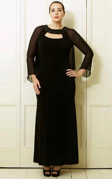 Chiffon Long-Sleeve Scoop-Neck Plus Size Prom Dress Ankle-Length