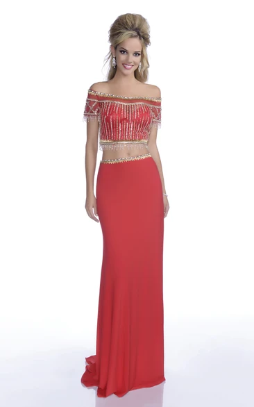 Crystal Applique Off-Shoulder Prom Dress Column Style