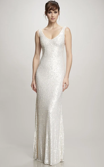 Sequin V-Neck Wedding Dress with Brush Train and V-Back Floor-Length