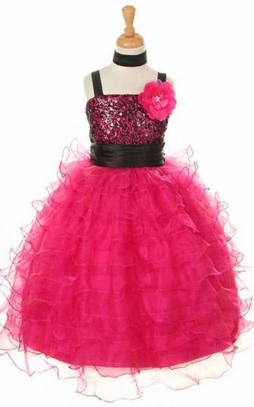 Floral Organza Flower Girl Dress with Sash Ankle-Length
