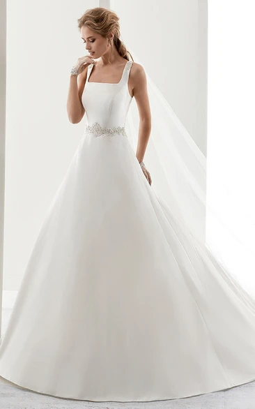Satin A-Line Wedding Dress with Beaded Belt and Crisscross Straps Square Neck