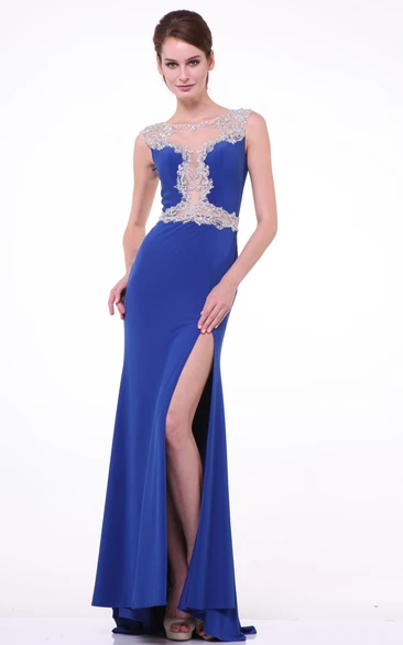 Bateau Cap-Sleeve Jersey Illusion Sheath Bridesmaid Dress with Beading and Split Front