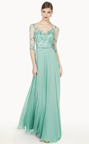 A-Line Tulle Chiffon Long Prom Dress with Sequins and Bow