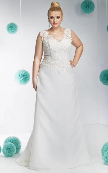 Plus Size Lace and Satin Wedding Dress with Appliques V-Neckline