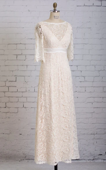 Half-Sleeved Lace Column Dress with Illusion Neck and V-Back