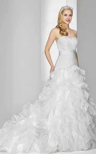 Organza Sweetheart A-Line Wedding Dress with Jeweled Bodice and Brush Train