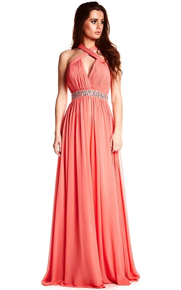 Halter Chiffon Prom Dress with Beading Straps and Sleeveless Design