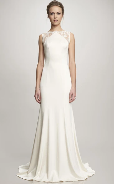 Lace Satin Wedding Dress with Illusion Back and Sweep Train A-Line Sleeveless