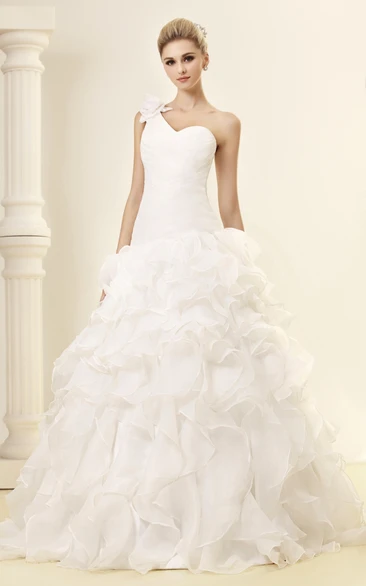 One-Shoulder A-Line Organza Wedding Dress With Ruffles and Criss-Cross Detail