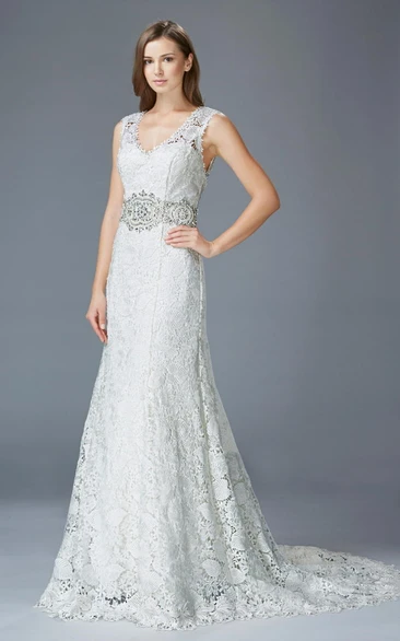 Lace V-Neck Court Train Formal Dress with Beading and Waist Jewelry