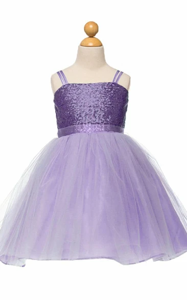 Sequin Spaghetti Strap Flower Girl Dress Midi Wedding Dress