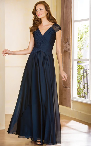 Cap-Sleeved V-Neck A-Line Formal Dress with Ruched Detail