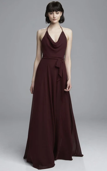 Sleeveless A-Line Chiffon Bridesmaid Dress with Cowl Neck and Bow