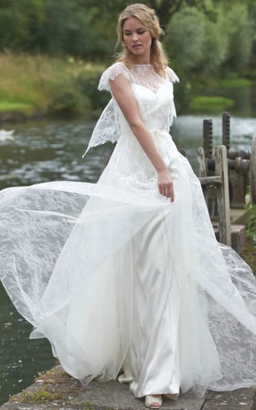 Cape Sleeve Sheath Lace & Chiffon Wedding Dress with Jewel Neck