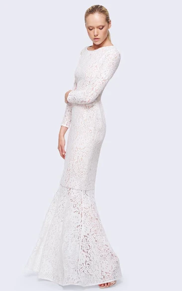 Jewel-Neck Sheath Lace Wedding Dress with Straps in Floor-Length