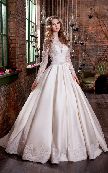 Long-Sleeve Illusion Satin Ball Gown with Jeweled Waist and Appliques