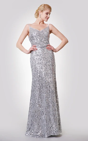 Sequined Spaghetti Strap Prom Dress in Sheath Style