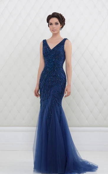 Beaded Trumpet Prom Dress with V-Neck and Long Sleeves
