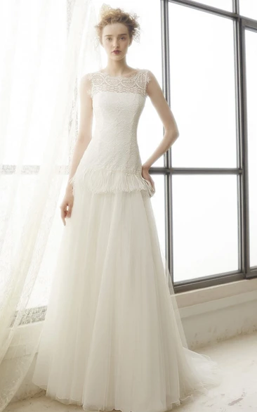 Lace Peplum Sleeveless Tulle Wedding Dress with A-Line Silhouette