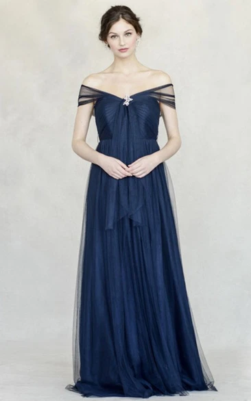 Off-The-Shoulder Tulle Bridesmaid Dress with Broach Floor-Length Pleats