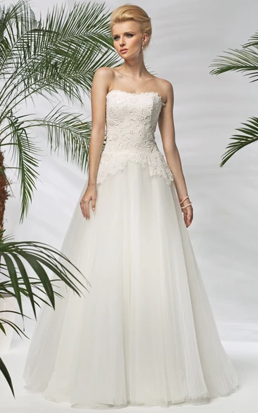 Strapless Floral A-Line Tulle Wedding Dress with Beading and Appliques