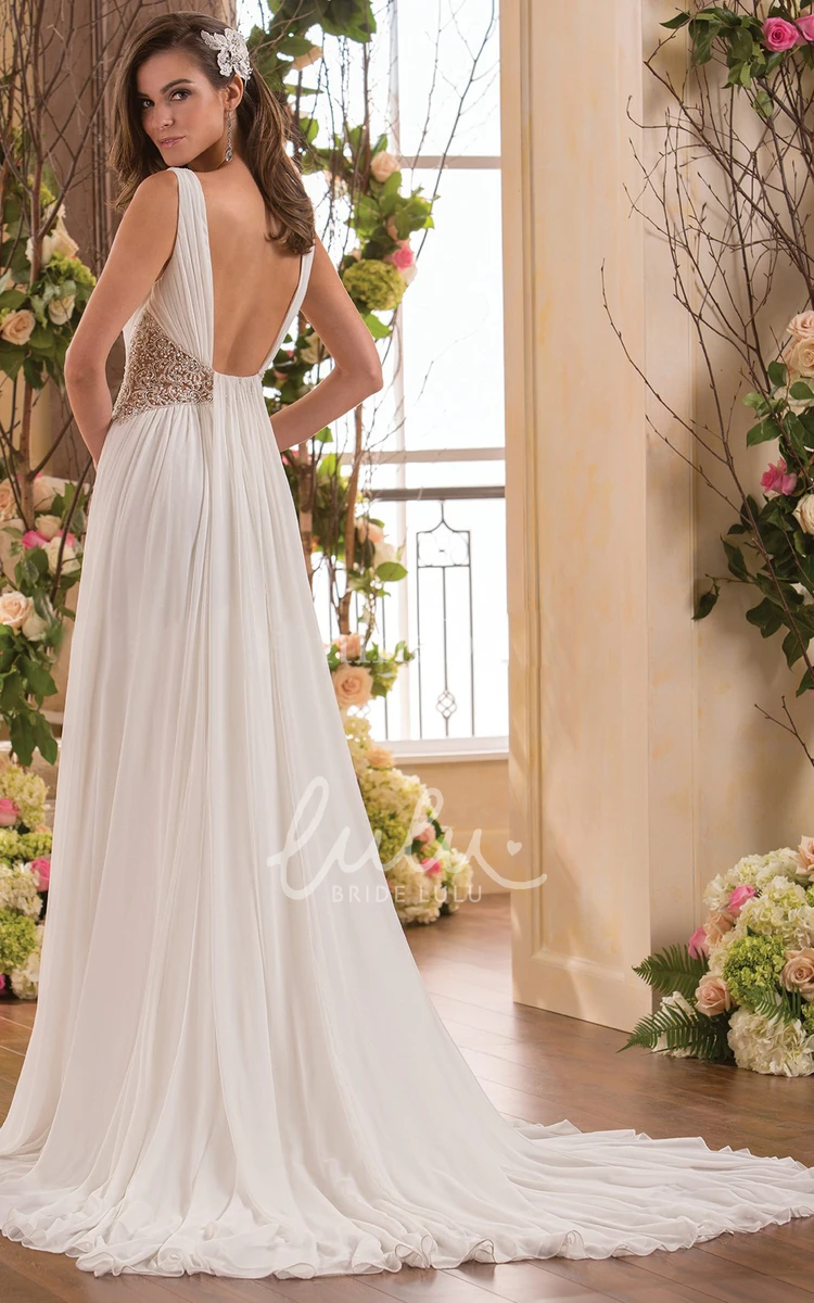 Chiffon V-Neck Wedding Dress with Beaded Waist and Pleats