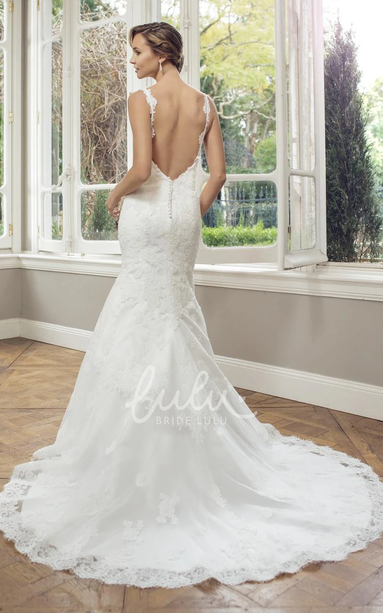 Lace Sleeveless V-Neck Wedding Dress with Court Train Sheath Maxi Style