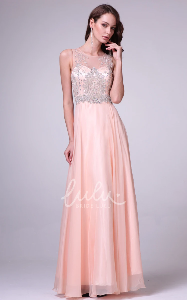 Jewel-Neck Chiffon A-Line Dress with Beading and Pleats for Bridesmaids