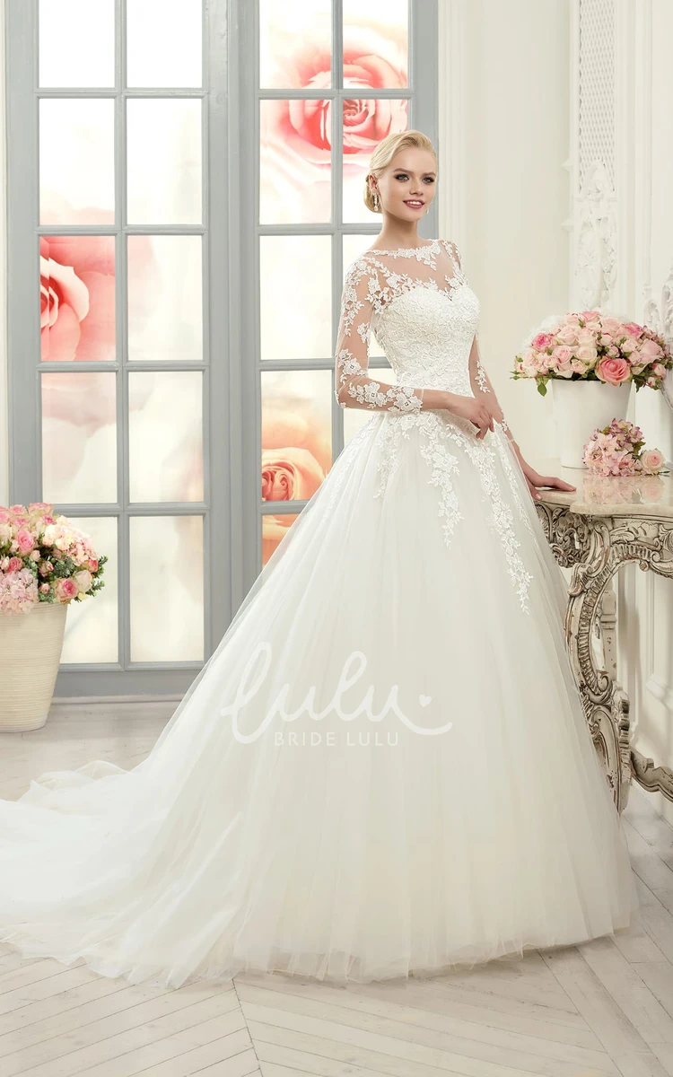 Long-Sleeve Lace Ball Gown Wedding Dress with Illusion Tulle