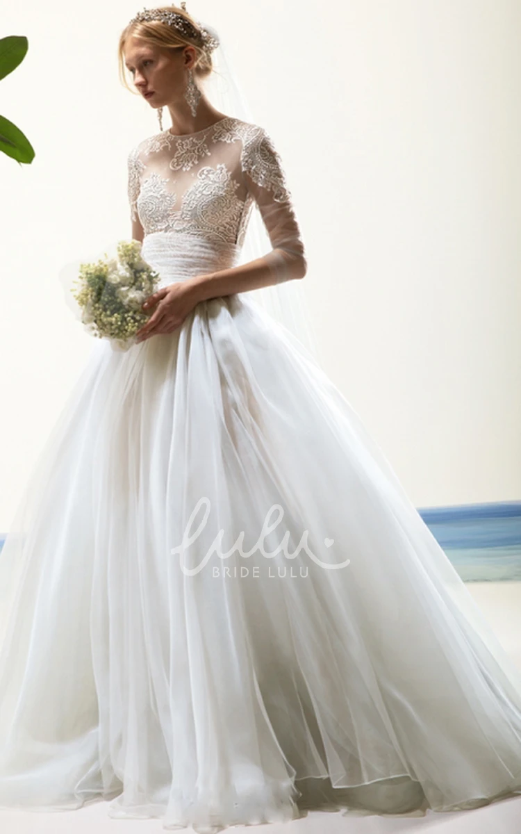 Half Sleeve Tulle Wedding Dress with Appliques Elegant Floor-length Wedding Dress