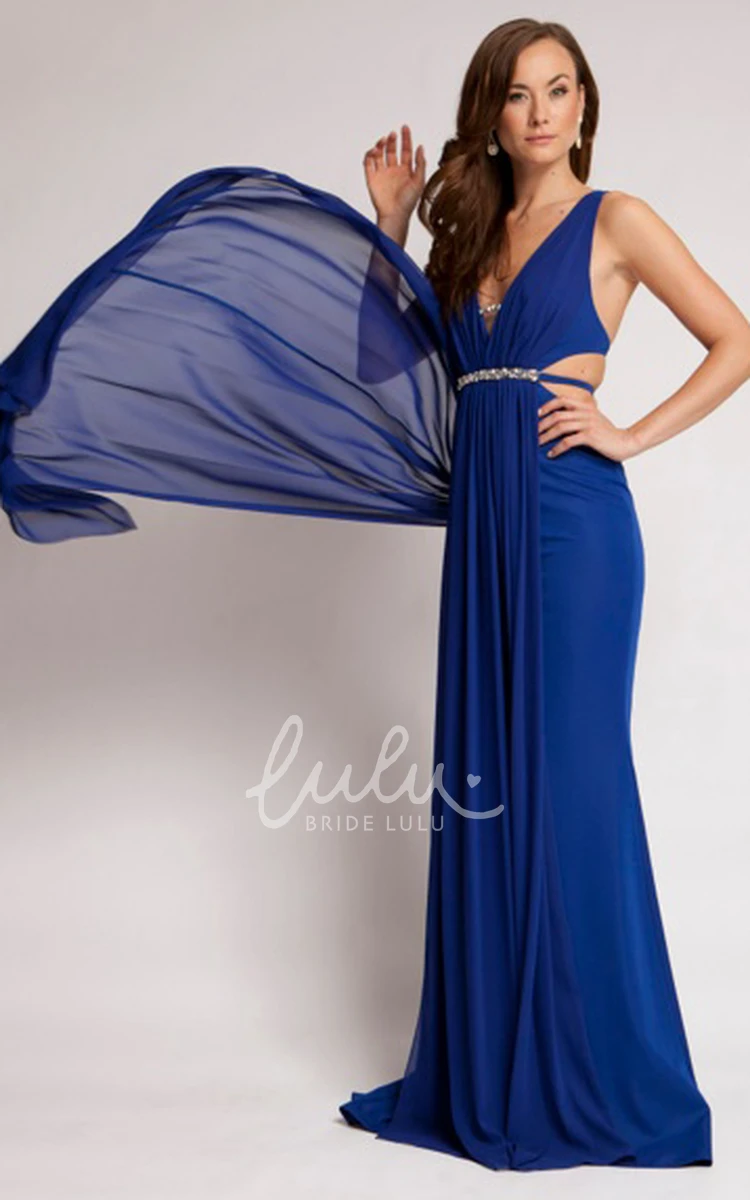 Jeweled Chiffon Prom Dress with Sleeveless V-Neck Ruching and Straps