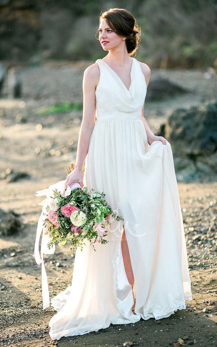 Boho Sleeveless Long Chiffon Dress with Cowl Neck and Pleats for Beach Wedding