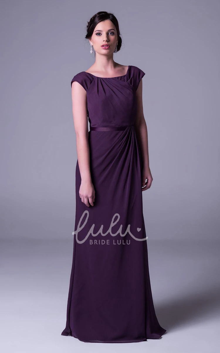 Square Neck Cap Sleeve Chiffon Bridesmaid Dress with Side Draping