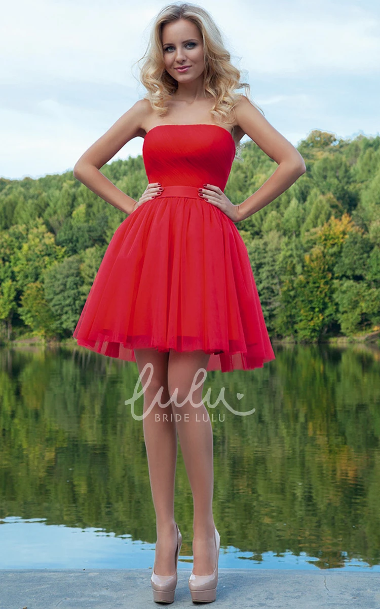 Strapless Ruched Tulle Mini Prom Dress with Ribbon Short Sleeveless A-Line