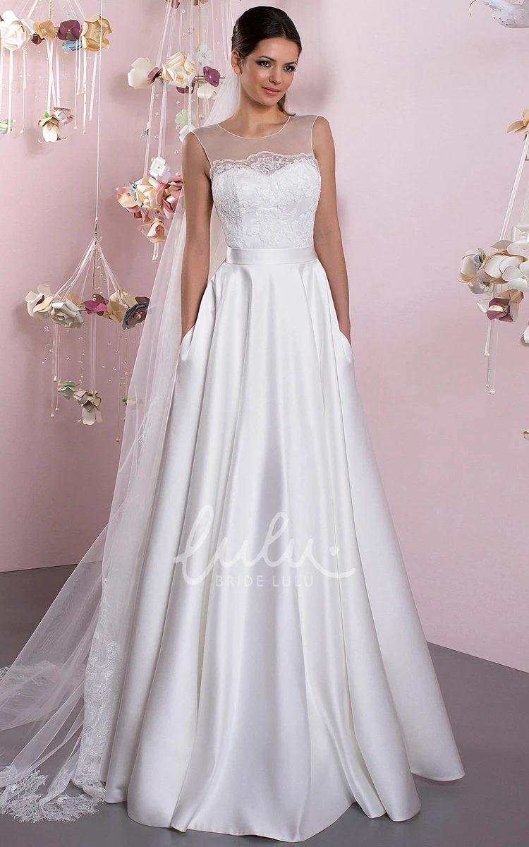 Lace Scoop Satin Wedding Dress with Illusion Back A-Line Floor-Length Style