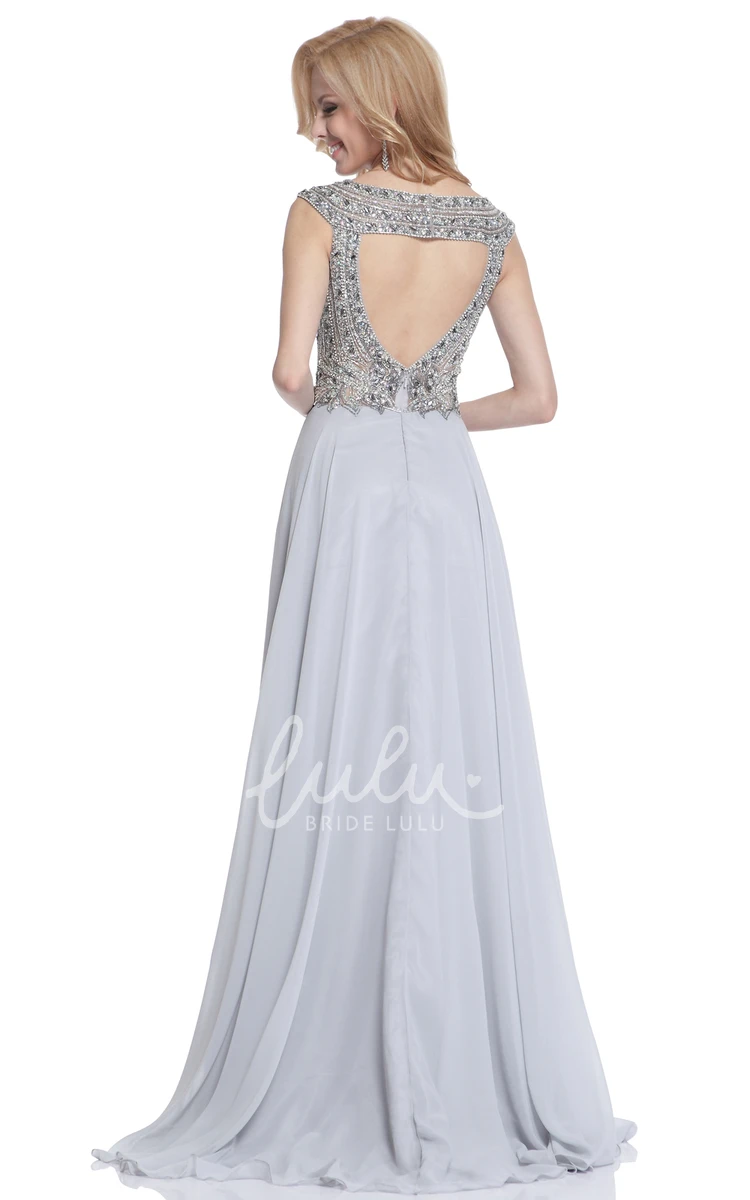 Crystal Detailing Chiffon Bateau Formal Dress with Keyhole Back