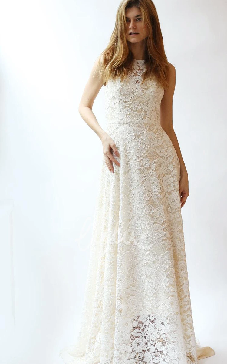 Rose Lace A-Line Wedding Dress Jewel Neck and Sleeveless Design