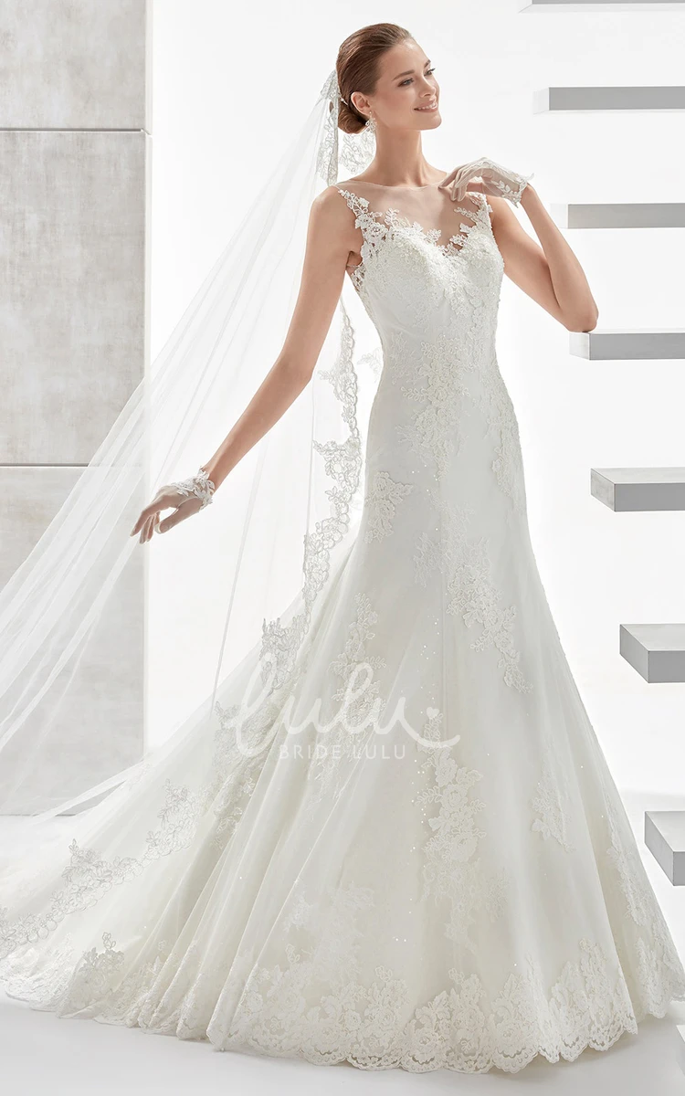 Cap-Sleeve Jewel-Neck Wedding Dress with Illusive Design and Appliques