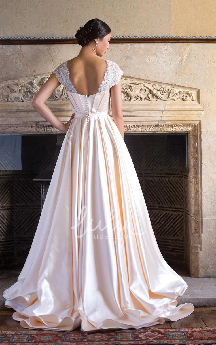 Cap-Sleeve V-Neck Satin A-Line Wedding Dress with Sweep Train and Criss Cross Modern Bridal Gown