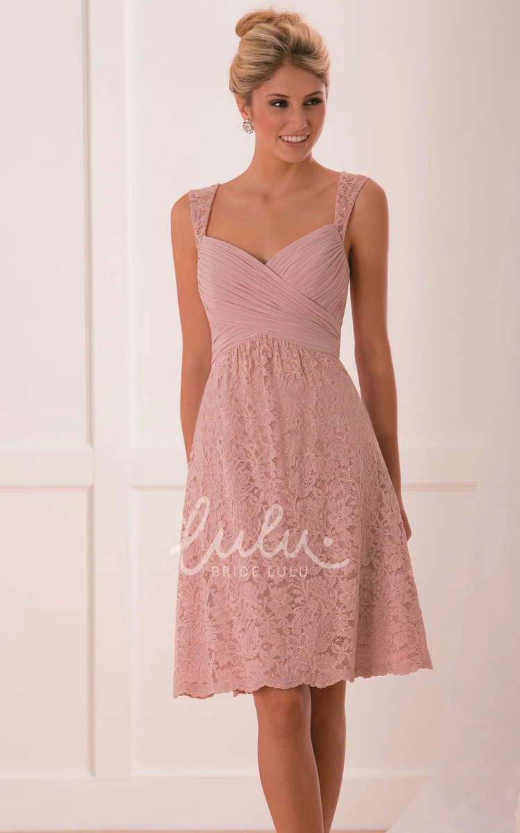 Short A-Line Lace Bridesmaid Dress with Cap Sleeves and Ruched Bodice