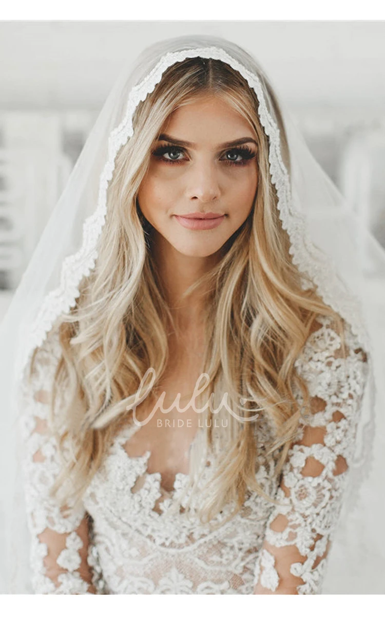 Soft Tulle Wedding Veil with Lace Applique Romantic Bridal Accessory