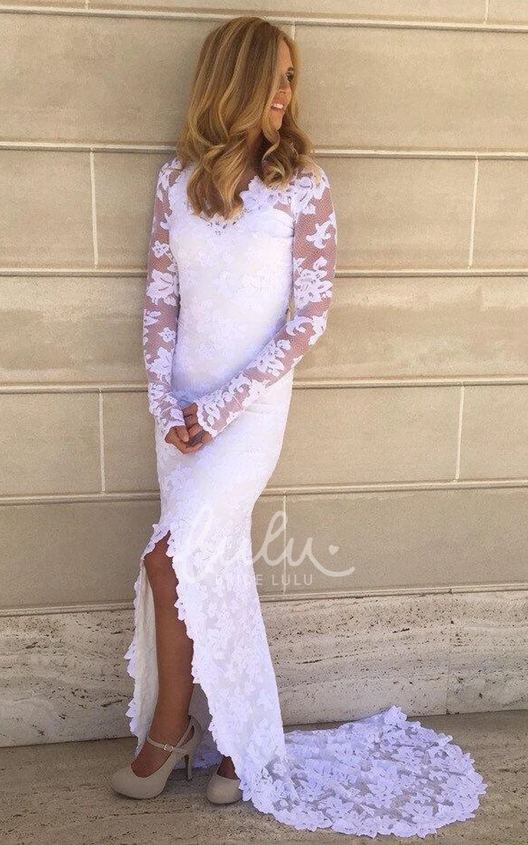 Lace Chapel Train Dress with Applique Flowers and Long Sleeves