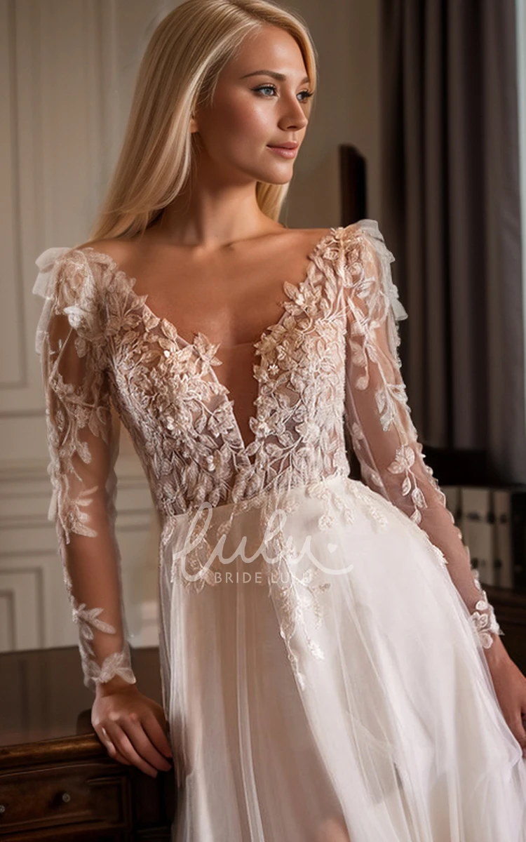 Modern Sexy A-Line Winter Boho Sheer Long Sleeve Wedding Dress Delicate Flowy V-Neck Backless Floor Length Bridal Gown with Appliques