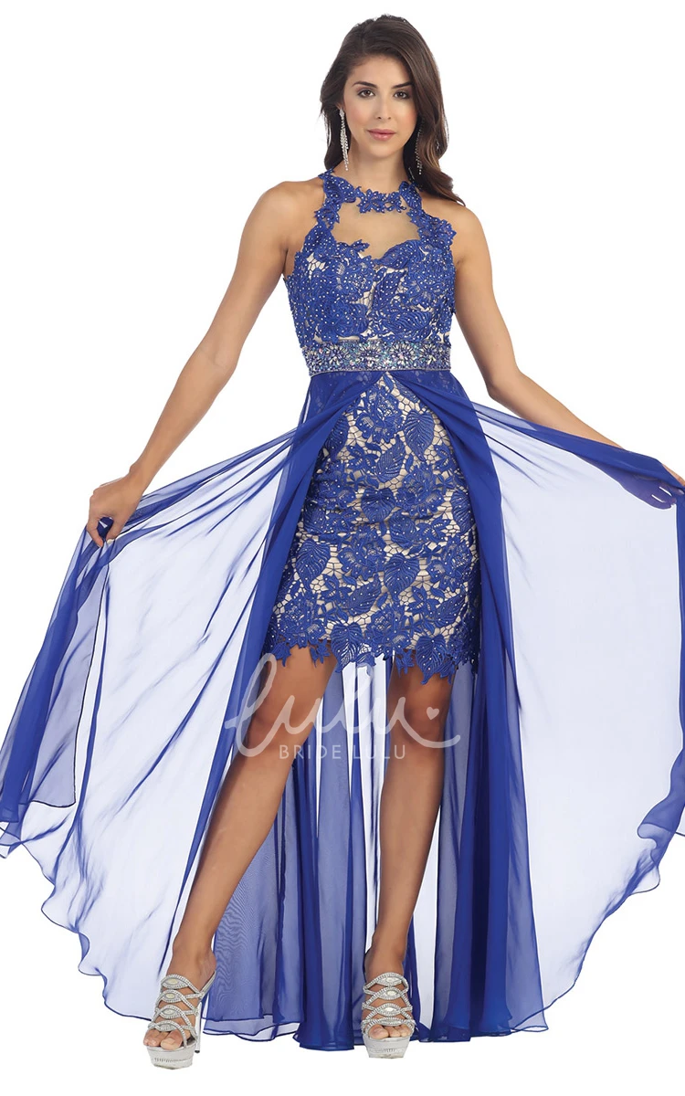 Jewel-Neck Chiffon Illusion Dress with Lace and Pleats Formal Dress