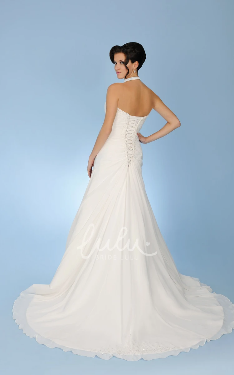 Halter Beaded Chiffon Wedding Dress with Corset Back and Ruching Trumpet Long