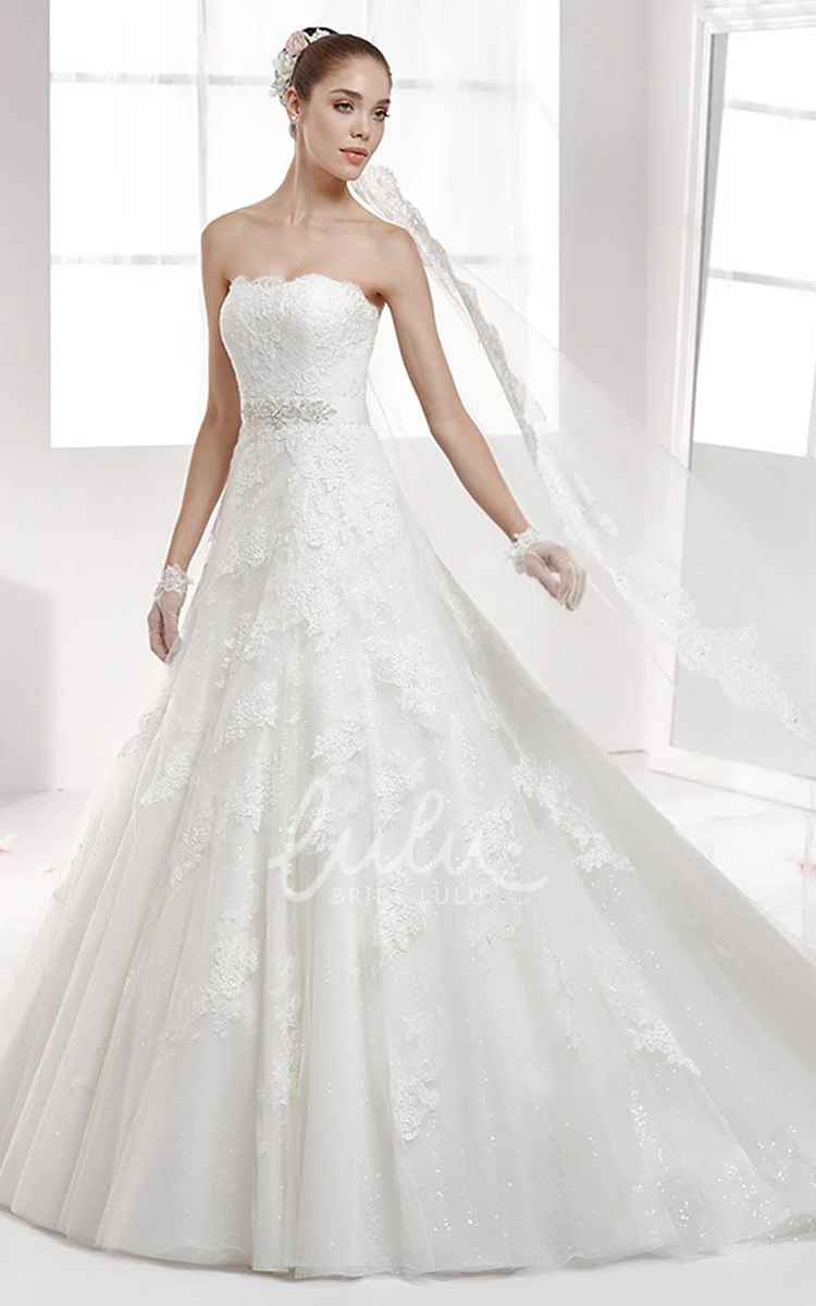 Beaded Waist Strapless A-Line Lace Wedding Dress with Back-Bow and Brush Train