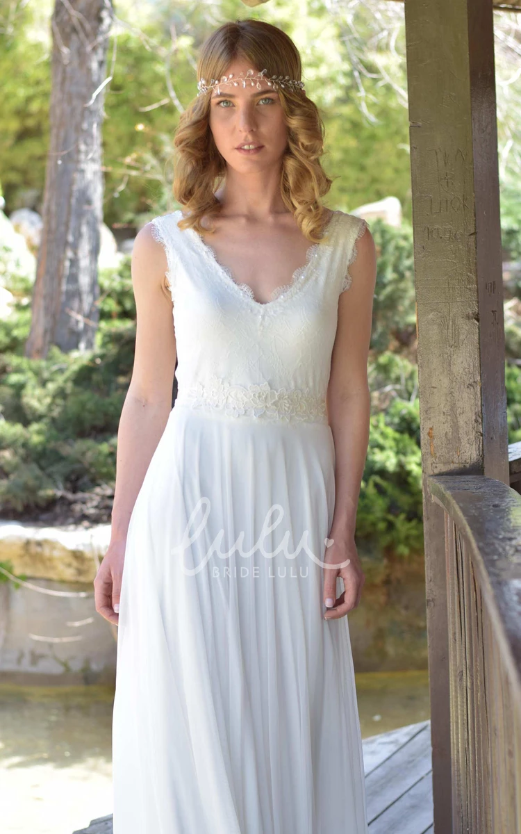 Sleeveless Chiffon Lace Wedding Dress with Plunging Neckline and Bow Detail