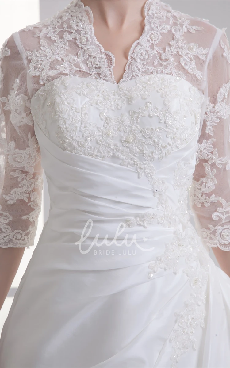 Lace A-line Wedding Gown with Appliques Scalloped-Neck 3/4 Sleeves Bridal Dress