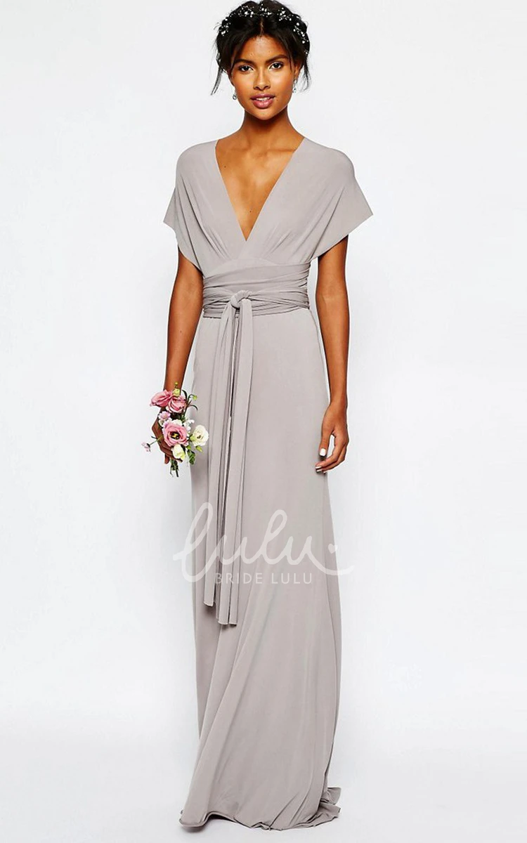 Short-Sleeve Jersey Bridesmaid Dress Sheath Floor-Length Sash