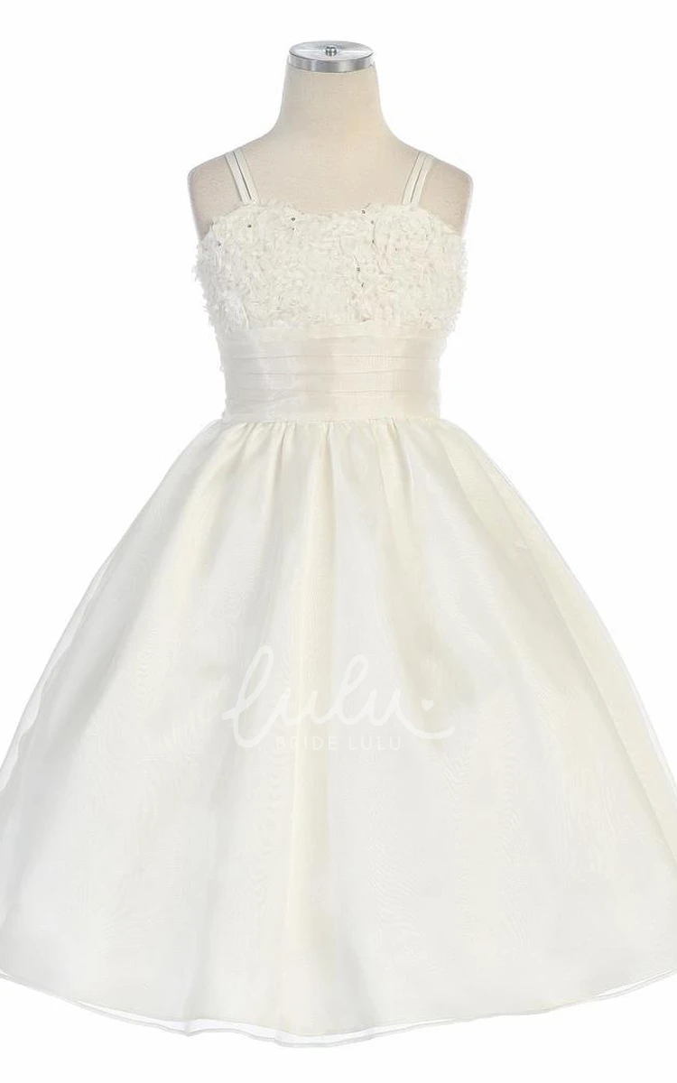 Sequin Embroidered Tea-Length Flower Girl Dress with Spaghetti Straps